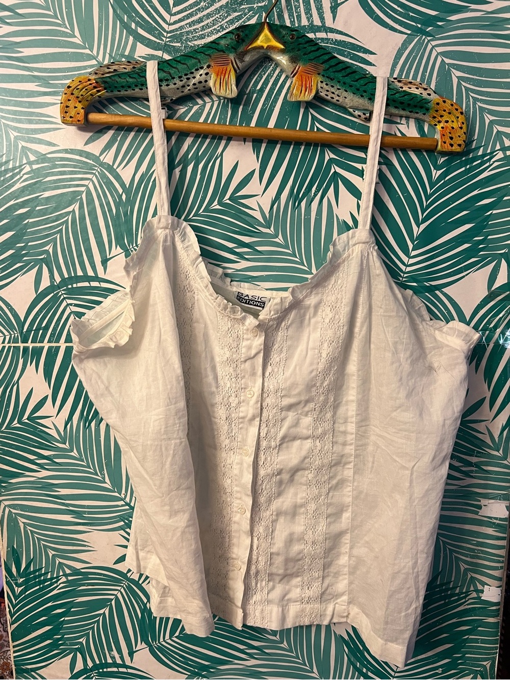 Vintage Basic Editions White Lace-Trim Button-Front Cami thin strap w/trim Sz XL